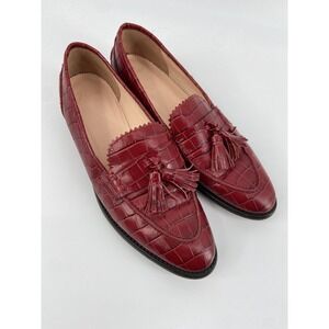 J Crew Shoes Womens 8 Red‎ Croc Tassel Loafer Embossed Leather Flat Preppy AQ736